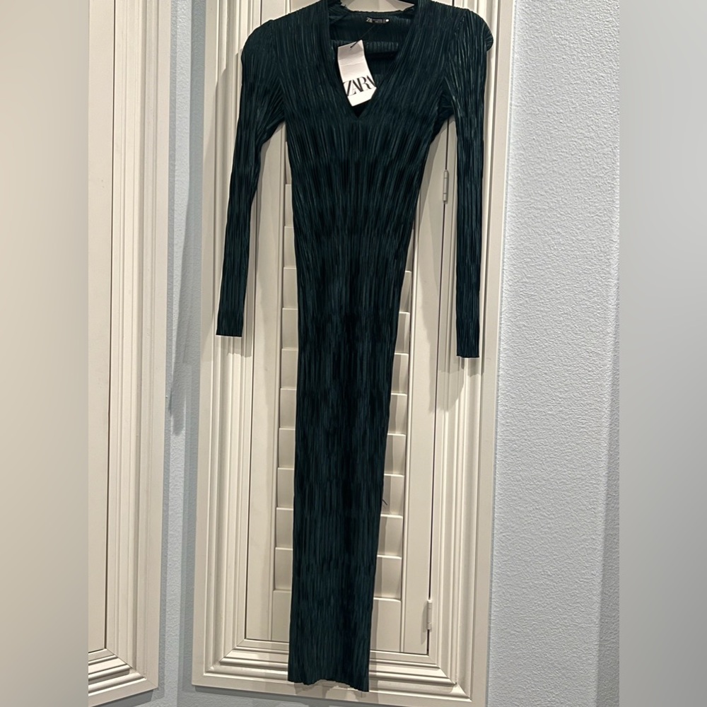 NWT Zara plisse midi column dress long sleeve holiday XS - Picture 9 of 9